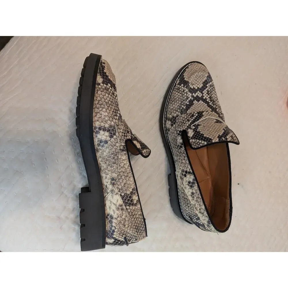 Franco Sarto Snakeskin Leather Loafers Size 8 Chunky Lug Sole Slip On Flats